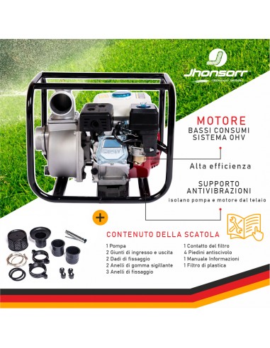 Jhonsorr Motopompa a scoppio 52cc con portata da 7m³ Benzina 2T